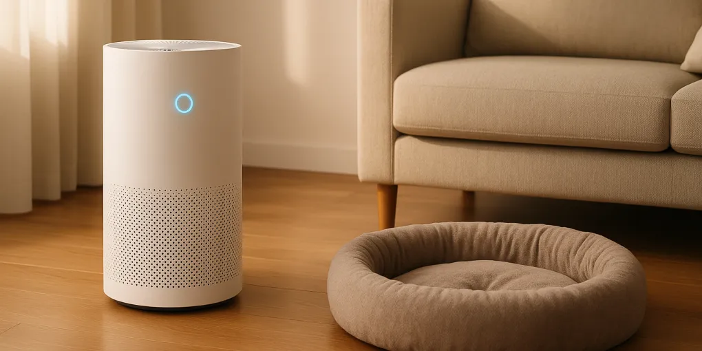 White cylindrical air purifier next to a dog resting on a couch with dust and dander particles illustrated in the air around it