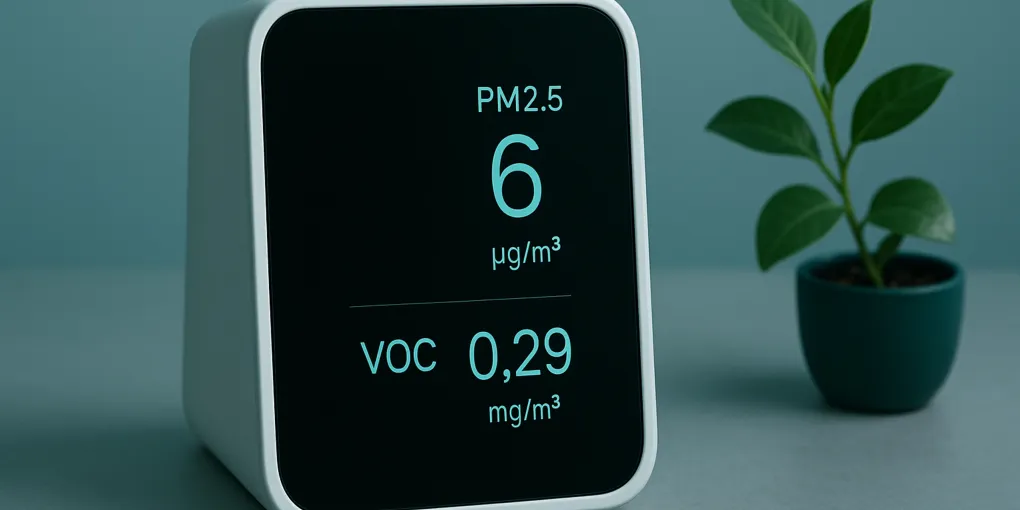 Air quality monitor on a shelf near a cat litter box showing real-time PM2.5 and ammonia readings on its display