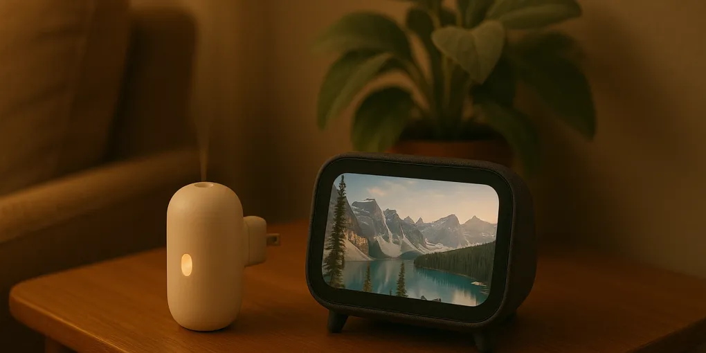 A relaxed dog wearing a ThunderShirt pressure wrap resting calmly on a bed