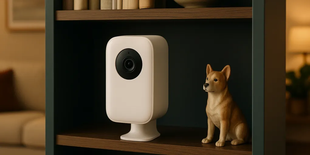 Pet camera mounted on shelf with dog looking at camera in living room