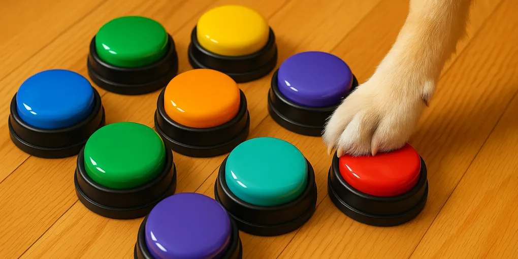 Dog pressing a large recordable AAC communication button on a hexagonal tile mat on a hardwood floor
