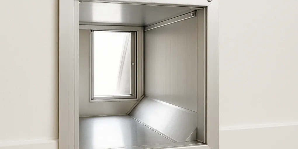 A pet door installed through a wall with a dog walking through the tunnel opening