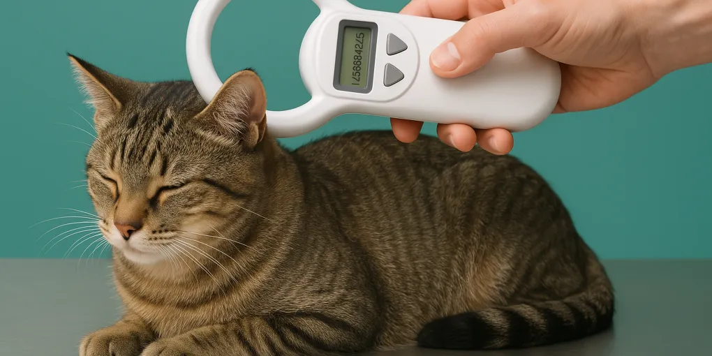 Handheld pet microchip scanner being passed over a cat at a veterinary clinic