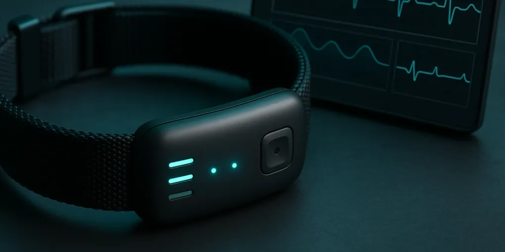 Smart health monitoring collar on a Labrador retriever resting on a bed, with health dashboard visible on smartphone in background