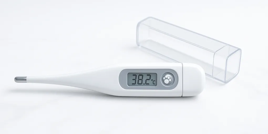 Digital pet thermometer beside a dog resting on a veterinary examination table