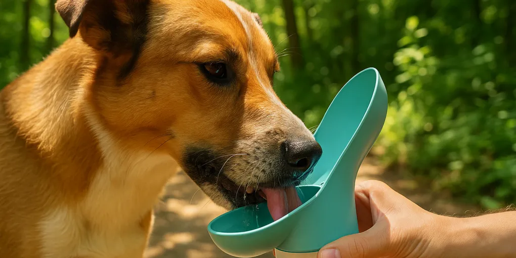 Dog drinking from a travel water bottle with an integrated trough on a hiking trail