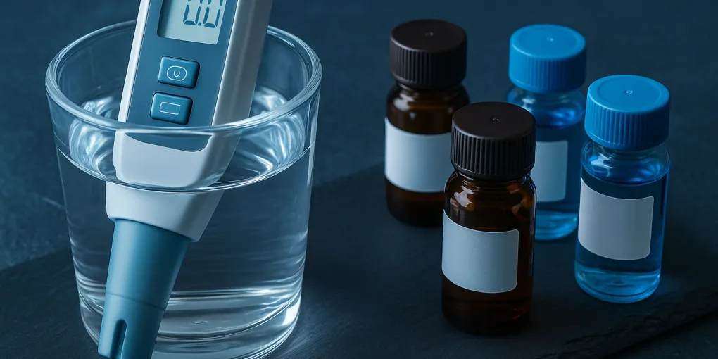 Digital TDS meter testing water in a pet fountain, with a cat drinking in the background on a clean kitchen counter