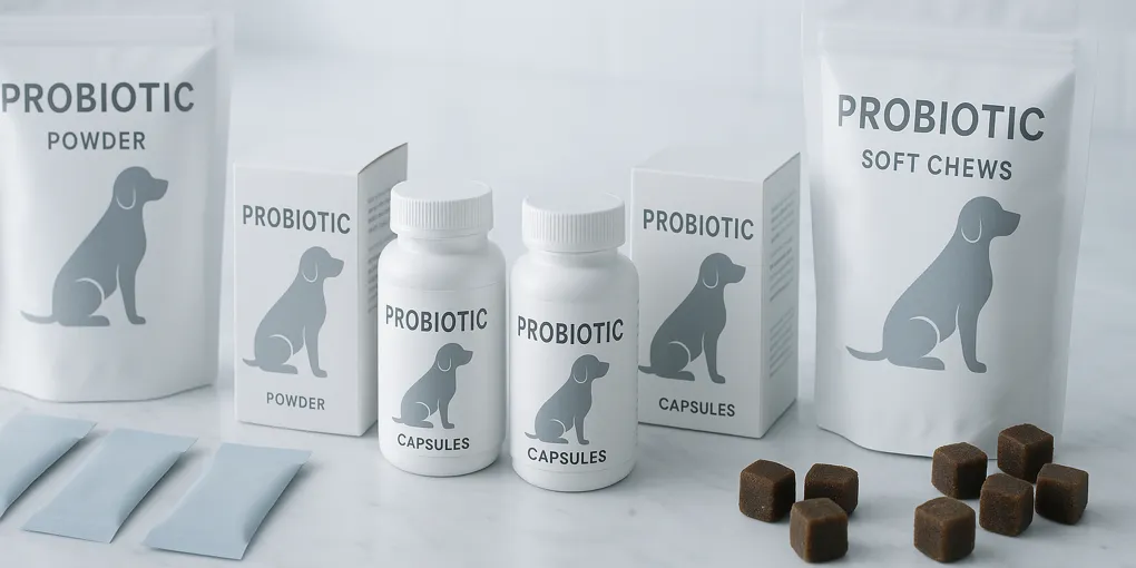 Probiotic supplement capsules and powder sachets on clean wooden surface