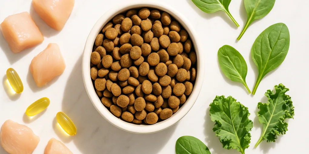 Puppy eating from a bowl of kibble on a wooden floor with playful energy