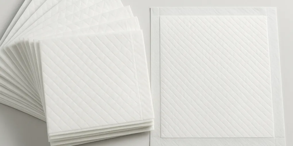 Stack of white puppy training pads on a clean floor with a small puppy nearby