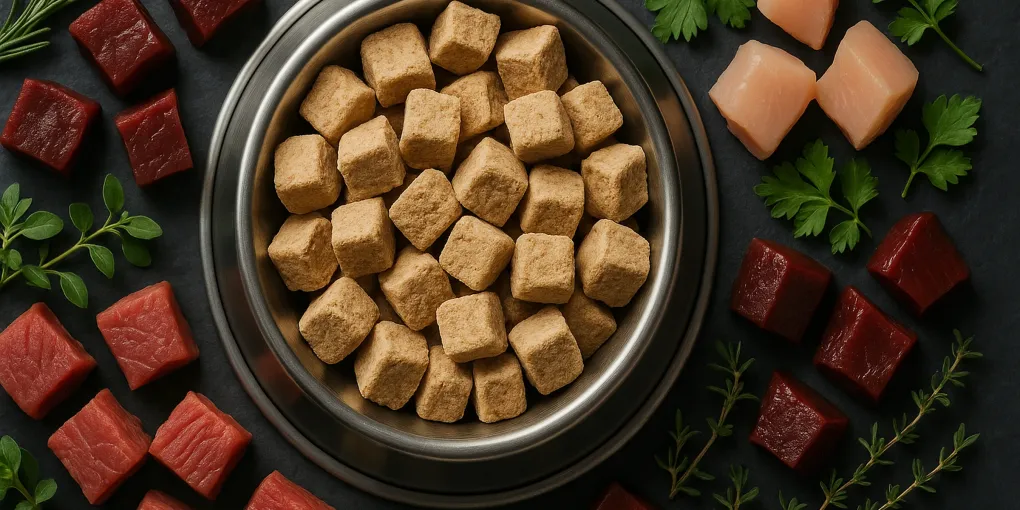 Freeze-dried raw dog food patties with fresh meat and vegetables on a wooden board
