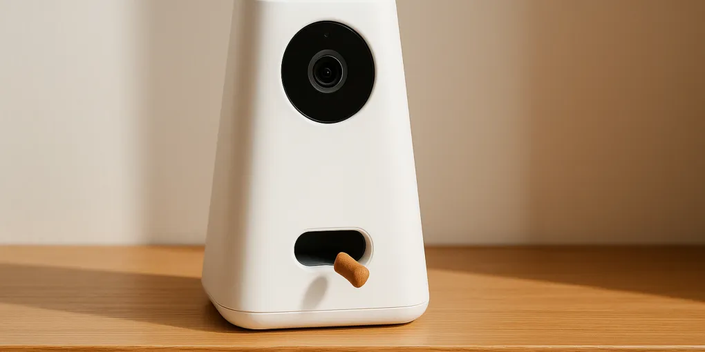 A smart dog camera on a shelf tossing a treat to a dog sitting attentively on the floor below