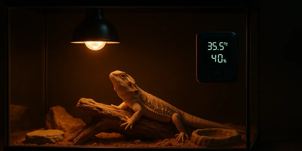 Reptile habitat controller with probes mounted inside a glass terrarium housing a bearded dragon