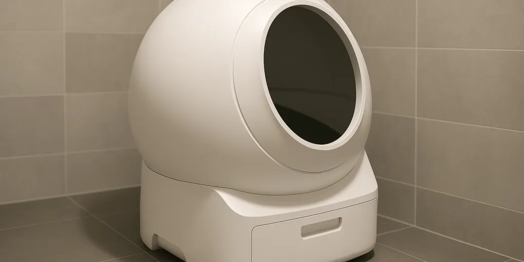 Modern automatic self-cleaning litter box with globe design in clean bathroom