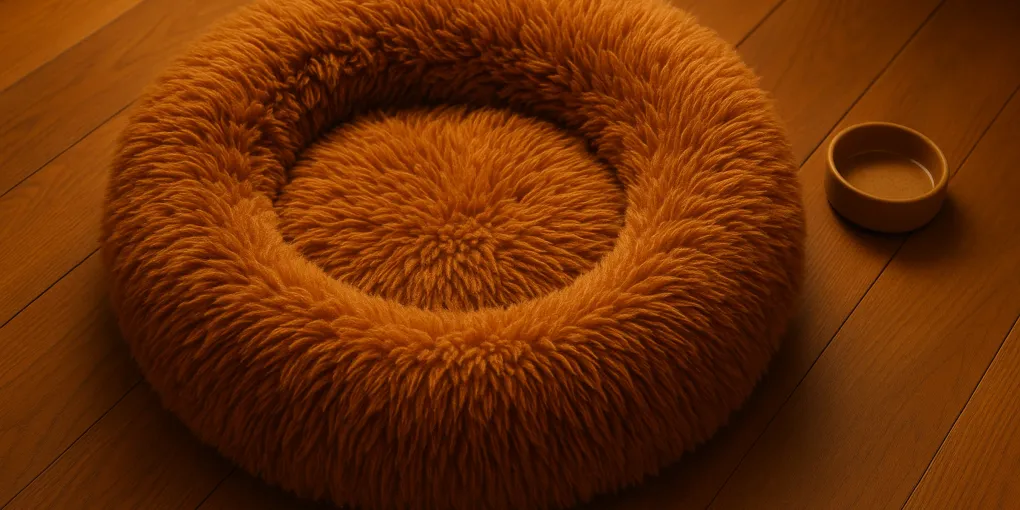Round donut-style calming dog bed with a senior dog curled up inside, soft warm lighting