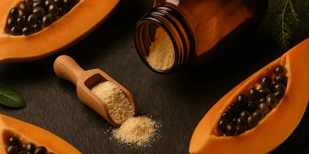 Digestive enzyme supplement powder in a small scoop beside a senior dog food bowl on a wood surface