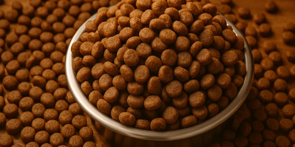 Dry kibble dog food in stainless bowl on wooden surface with older dog in background