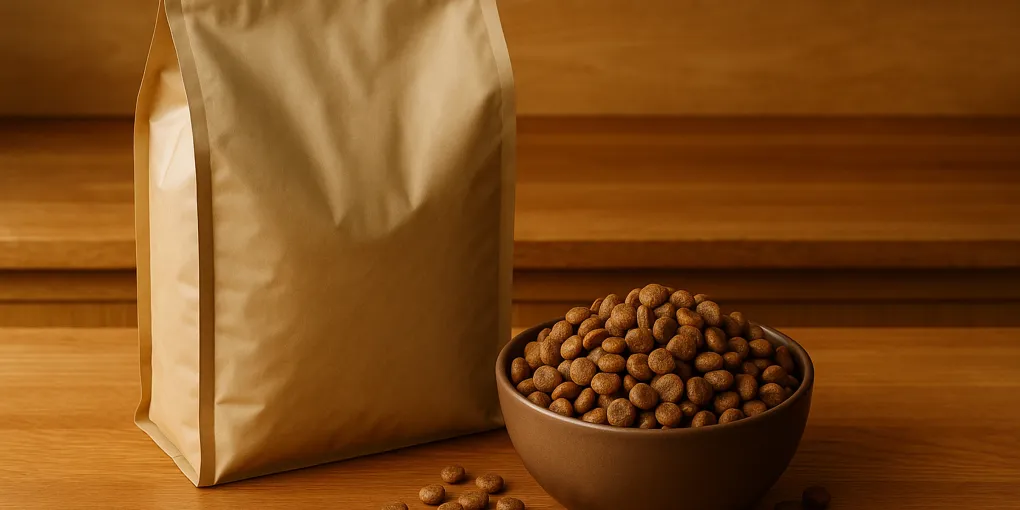 Premium dog food bag with bowl of kibble on warm wood kitchen surface with soft natural light