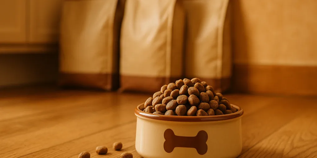 Small breed senior dog food kibble in a ceramic bowl on wooden floor with natural light