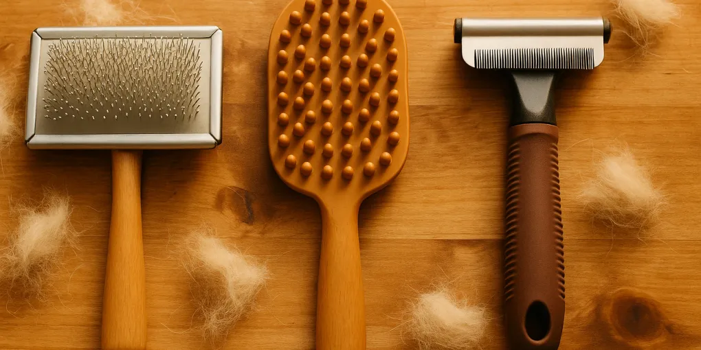 A gentle slicker brush beside groomed senior dog fur on a warm wooden grooming table