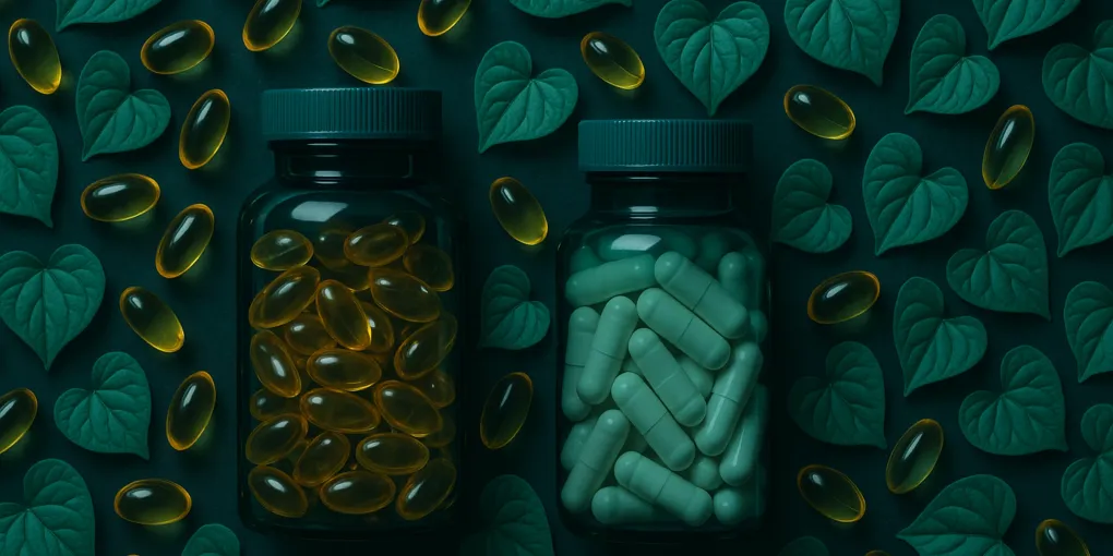 Heart support supplement bottle with omega-3 and CoQ10 capsules beside a dog bowl on a clean surface