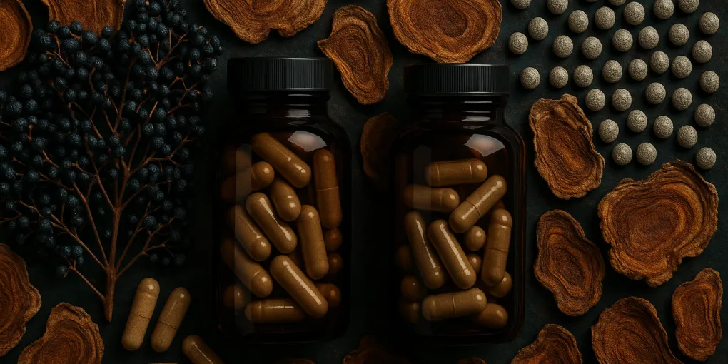 Immune supplement bottle with mushroom extract and antioxidant capsules on a clean wood surface with green foliage