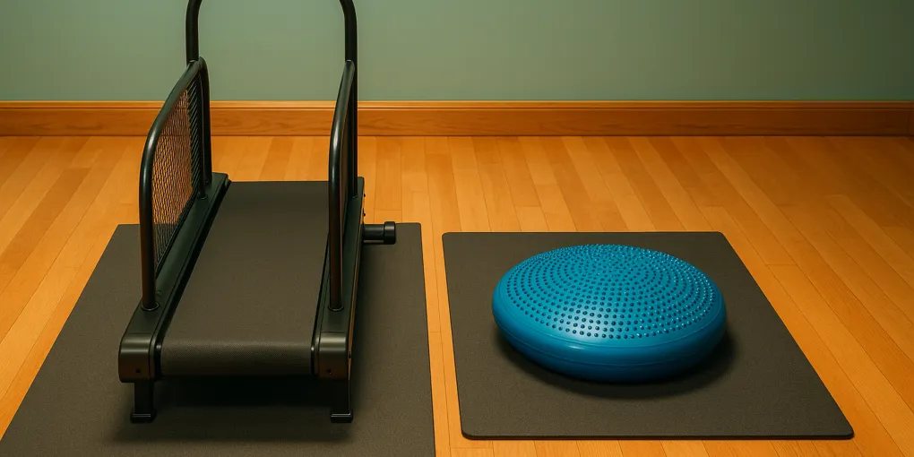 Senior dog walking on a low-impact indoor treadmill beside a balance disc and exercise mat on a gym floor