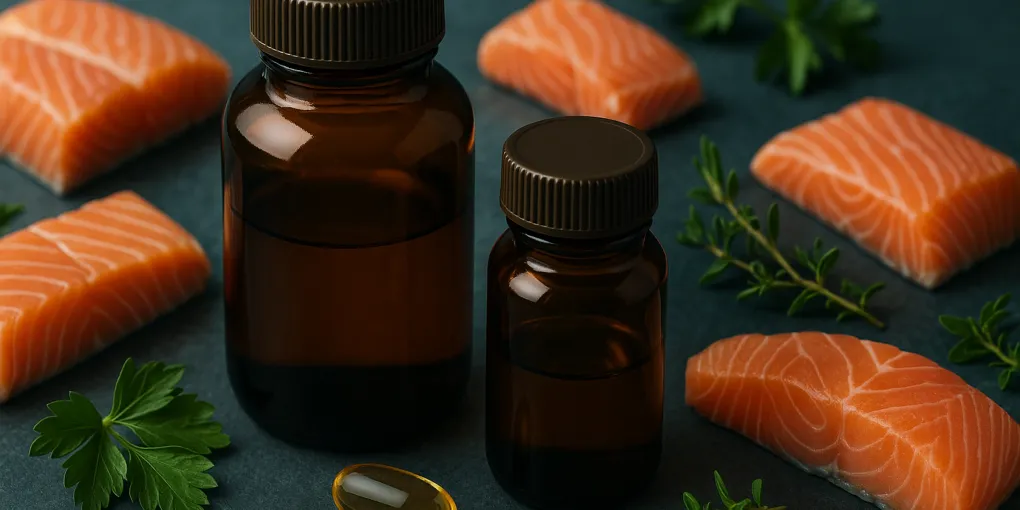 Amber supplement bottle with omega-3 and renal support capsules beside a senior dog water bowl on a clean surface