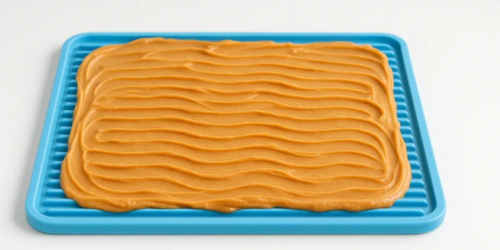 Dog lick mat with peanut butter spread in the grooves on a kitchen counter, natural light, clean white background