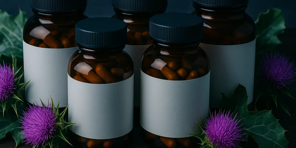 Supplement bottles with milk thistle capsules and SAMe tablets beside green plant elements on a dark surface