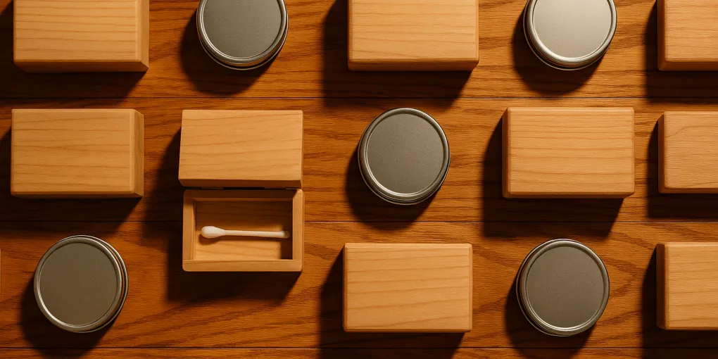 A set of small wooden boxes and scent tins arranged on a floor for dog nose work training