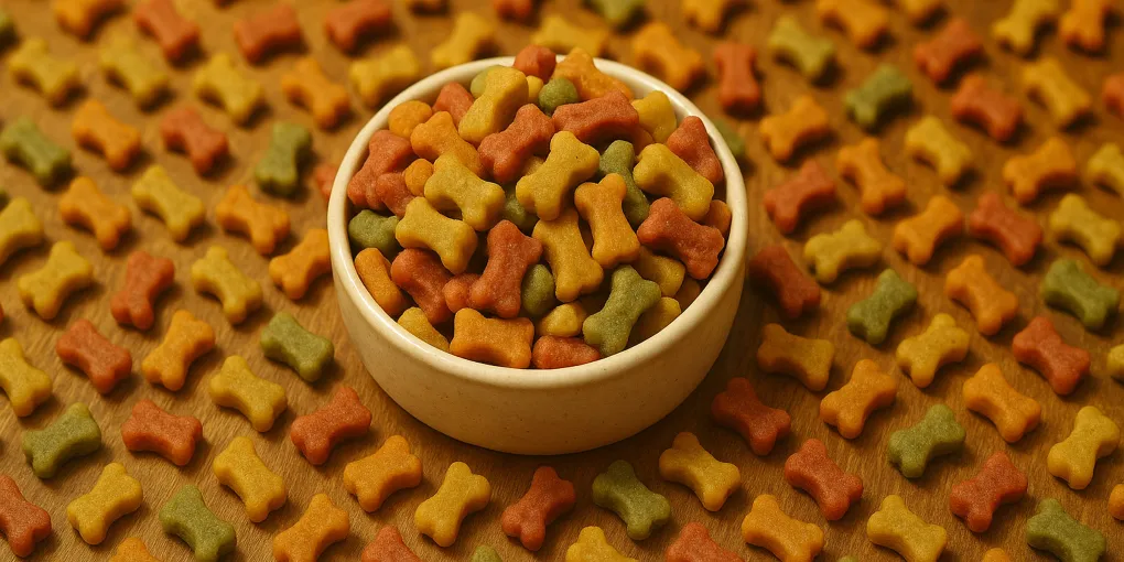 Small dog training treats and biscuits in a small bowl on warm wood surface with clean natural light