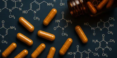 B-complex vitamin capsules beside a senior dog bowl on a clean veterinary-style surface