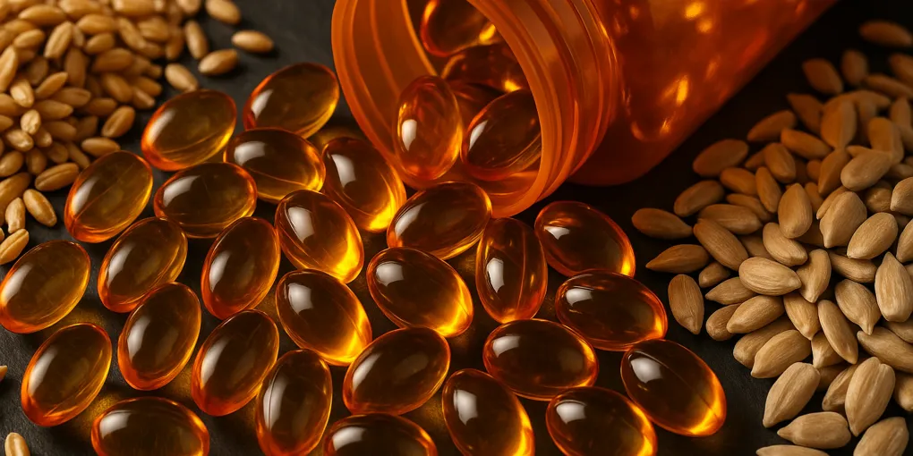 Amber vitamin E supplement capsules beside a glass bowl and a senior dog on a clean surface