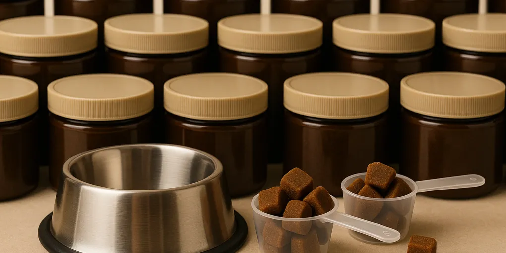 Senior dog at a healthy weight being weighed on a scale with supplement bottle beside a nutritious food bowl