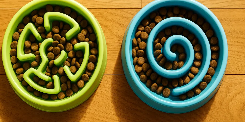 Green and blue slow feeder bowls with kibble on a clean kitchen floor, warm natural light