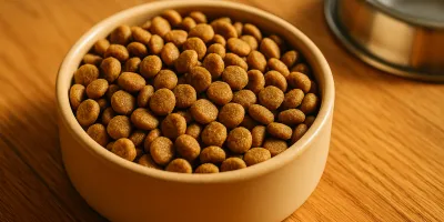 Small breed dog food kibble in a small bowl with a Chihuahua or toy breed dog in background