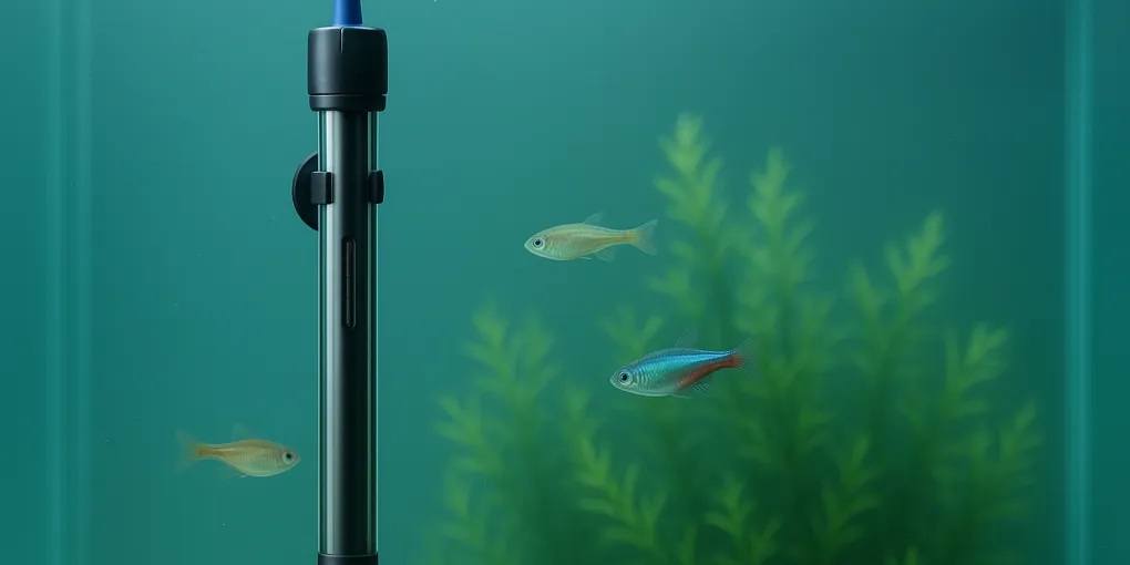 Smart aquarium heater submerged in tropical fish tank with digital temperature display visible