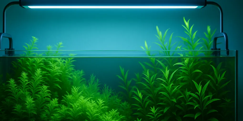 Smart LED aquarium light illuminating a lush planted freshwater tank with vibrant green plants
