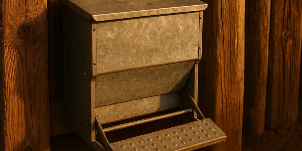 Treadle-activated automatic chicken feeder on wooden floor of coop with hens feeding
