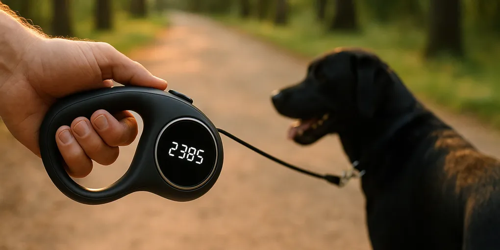 Smart dog leash with LED lighting and clip-on tracker attached to a dog collar on a city sidewalk