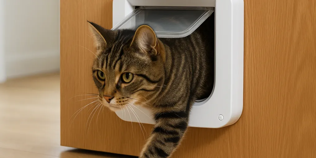 Smart app-connected pet door installed in a wall with a dog passing through