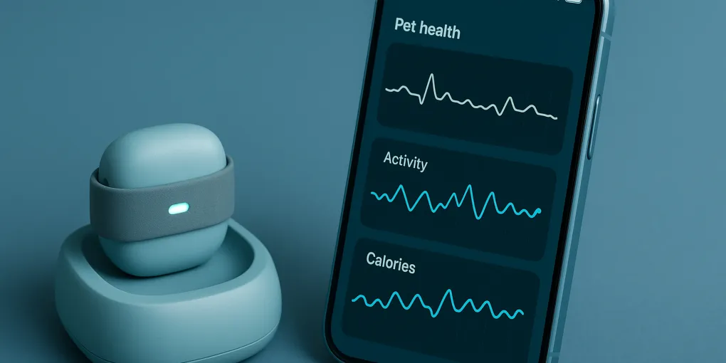 Smart health monitoring collar on a dog with veterinary health dashboard visible on a tablet