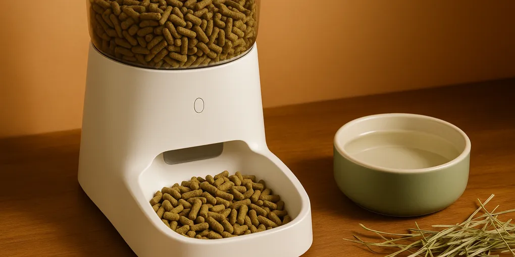 Automatic pet feeder dispensing pellets into bowl next to a Holland Lop rabbit on a wooden surface