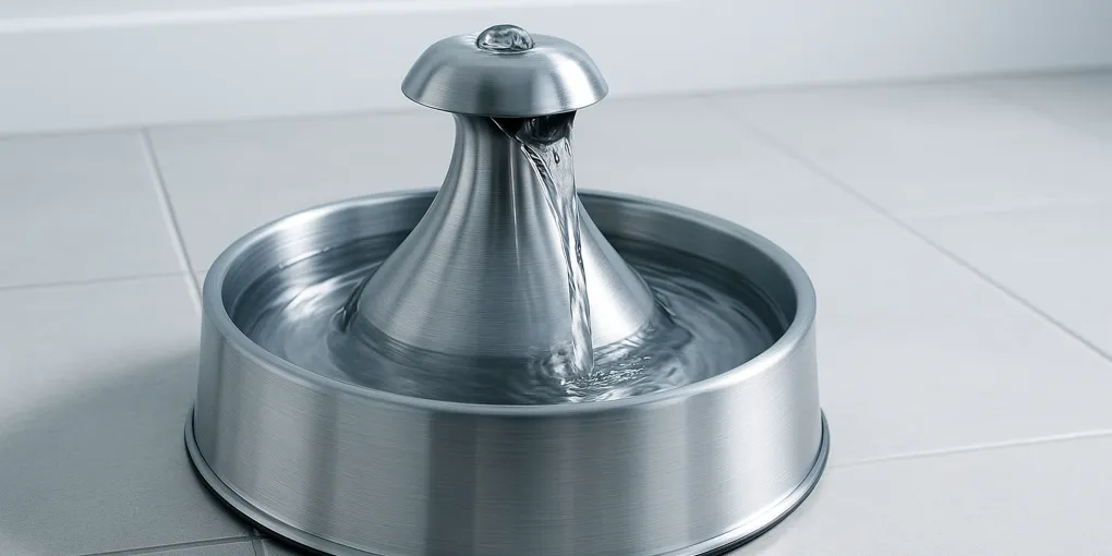 Cat drinking from a stainless steel circulating water fountain with a gentle flowing stream