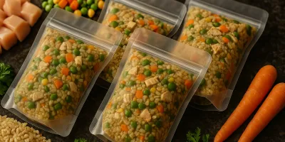 Fresh pre-portioned dog food in compostable trays being prepared for delivery subscription service