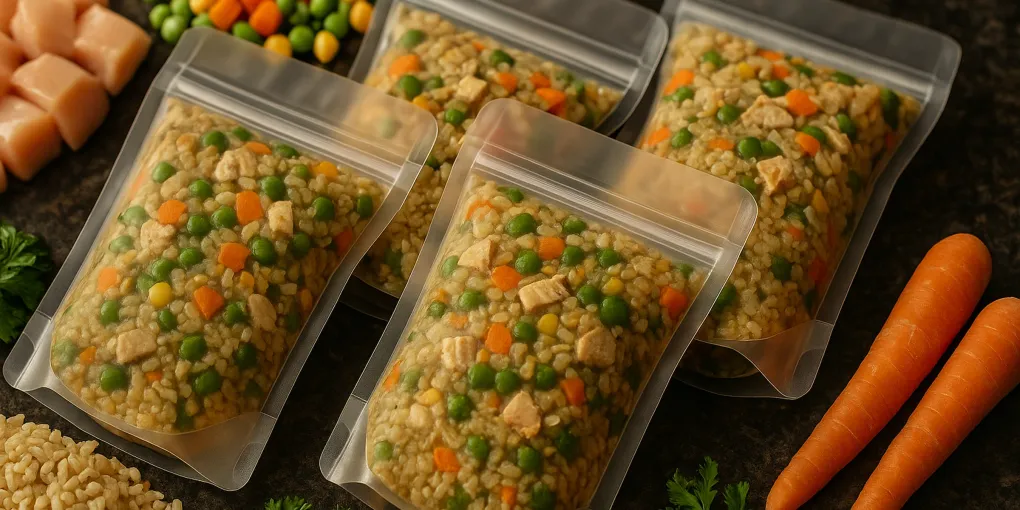 Fresh pre-portioned dog food in compostable trays being prepared for delivery subscription service