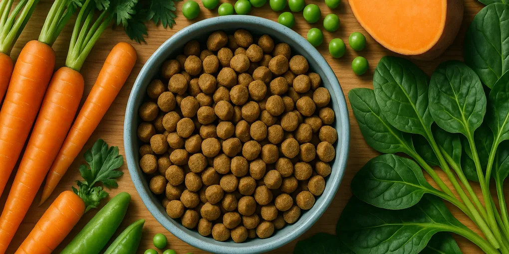 Bowl of plant-based dog kibble surrounded by fresh vegetables on natural wood surface