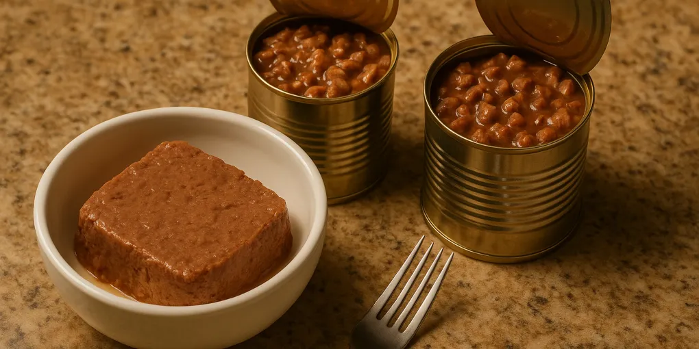Canned wet dog food in a ceramic bowl with a fork beside opened dog food cans on kitchen counter