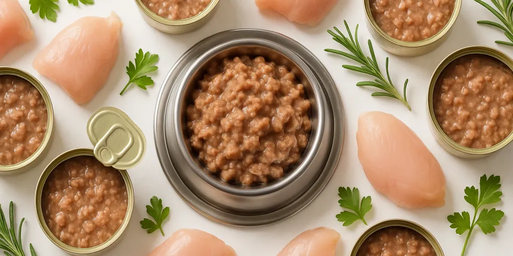 Wet puppy food in a ceramic bowl with a small puppy eagerly eating, surrounded by puppy toys